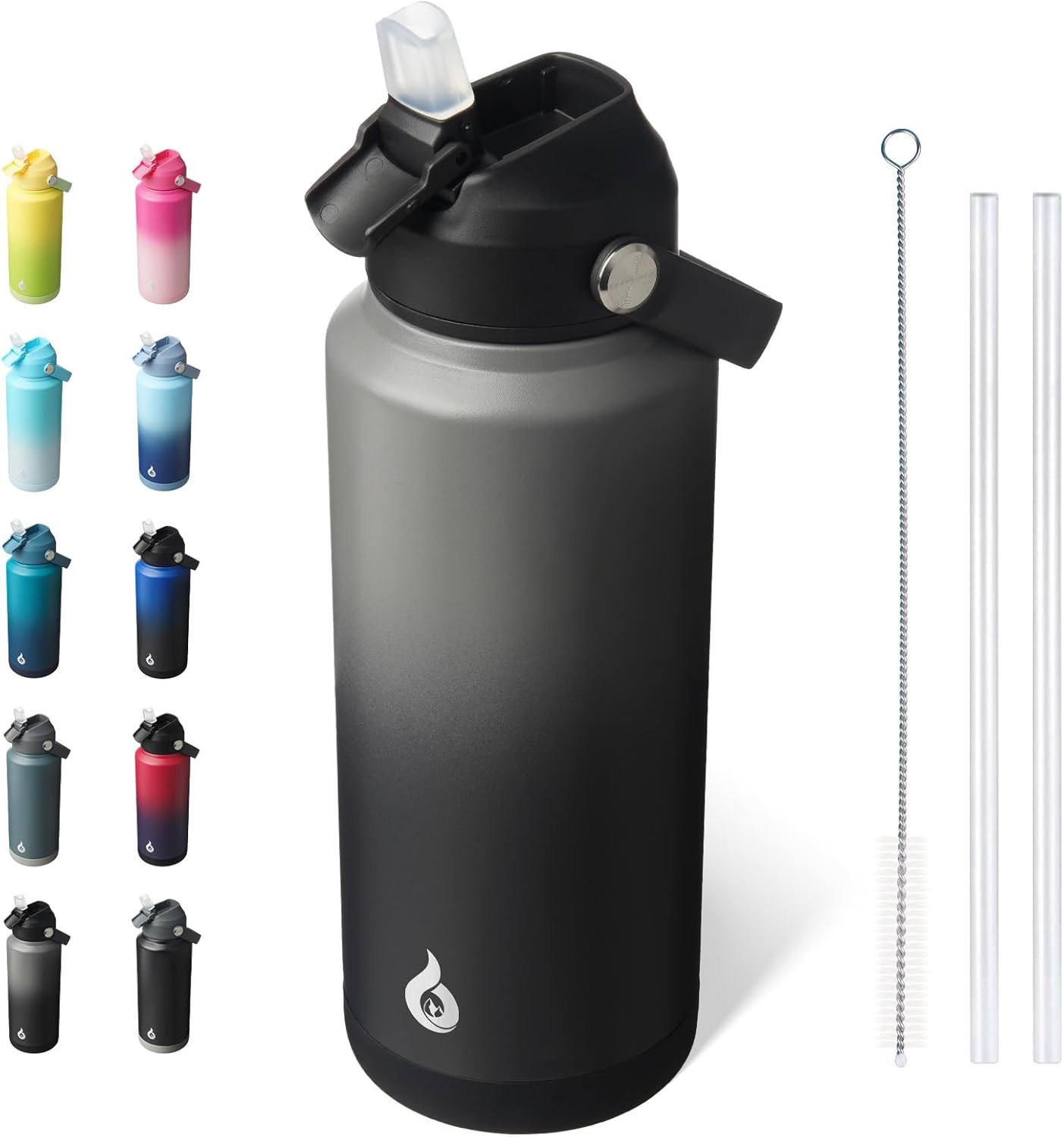 BJPKPK Water Bottle with Straw Lid, 32oz Vacuum Insulated Water Bottles, Metal Stainless Steel Thermos for Sports, Travel, BPA Free Leak Proof Thermos, Cups, Flasks, Tumblers,Black Grey