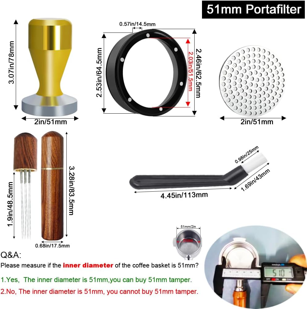 51mm Espresso Tamper Set, 5PCS Coffee Tamper Kit with WDT Tool, Coffee Stirrer, Dosing Funnel, Puck Screen 51mm Espresso Accessories Tampers Kit (Gold)