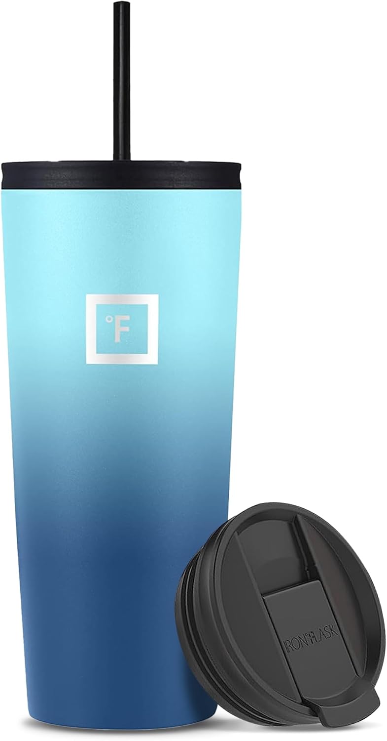 IRON °FLASK Classic Tumbler - Vacuum Insulated Stainless Steel Water Bottle, Double Walled, Drinking Cup, Insulated Travel Mug (Blue Waves, 24 oz Solid Lid)