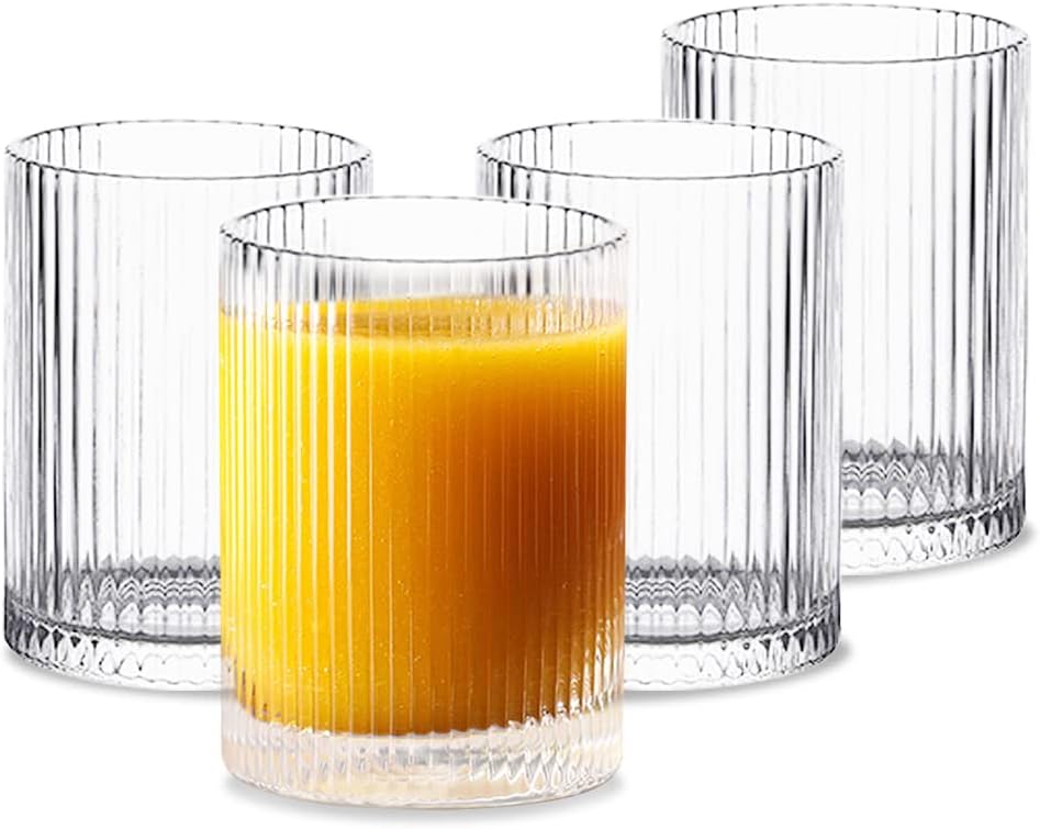 INSETLAN Glass Cups Vintage Glassware Set of 4 Small, Origami Style Transparent Cocktail Glasses Set, Bar Beverages Ice Coffee Cup Juice Ripple Drinkware, 270ml (S)