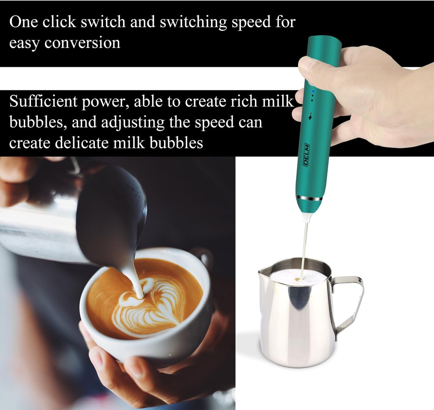 Delm Milk Frother Electric USB Stainless Steel Accessory - Frother Wand Foam Maker for Lattes - Milk Frother Handheld for Cappuccino, Frappe, Matcha, Hot Chocolate - Frother for Coffee (green)