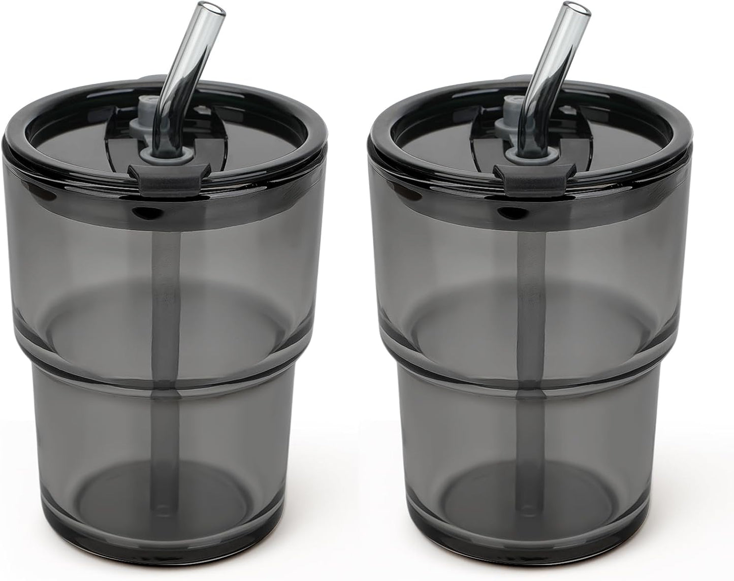 13 oz Glass Tumbler with Glass Straw and Lid, Leak-Proof Reusable Travel Cup for Iced Coffee, Tea, Matcha, Fruit Juice – Thick Wall Clear Water Bottle (Gray, 2 Pack)