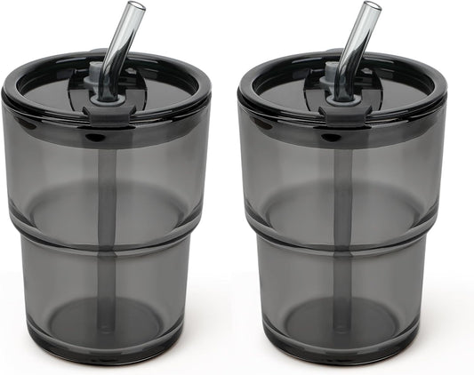 13 oz Glass Tumbler with Glass Straw and Lid, Leak-Proof Reusable Travel Cup for Iced Coffee, Tea, Matcha, Fruit Juice – Thick Wall Clear Water Bottle (Gray, 2 Pack)