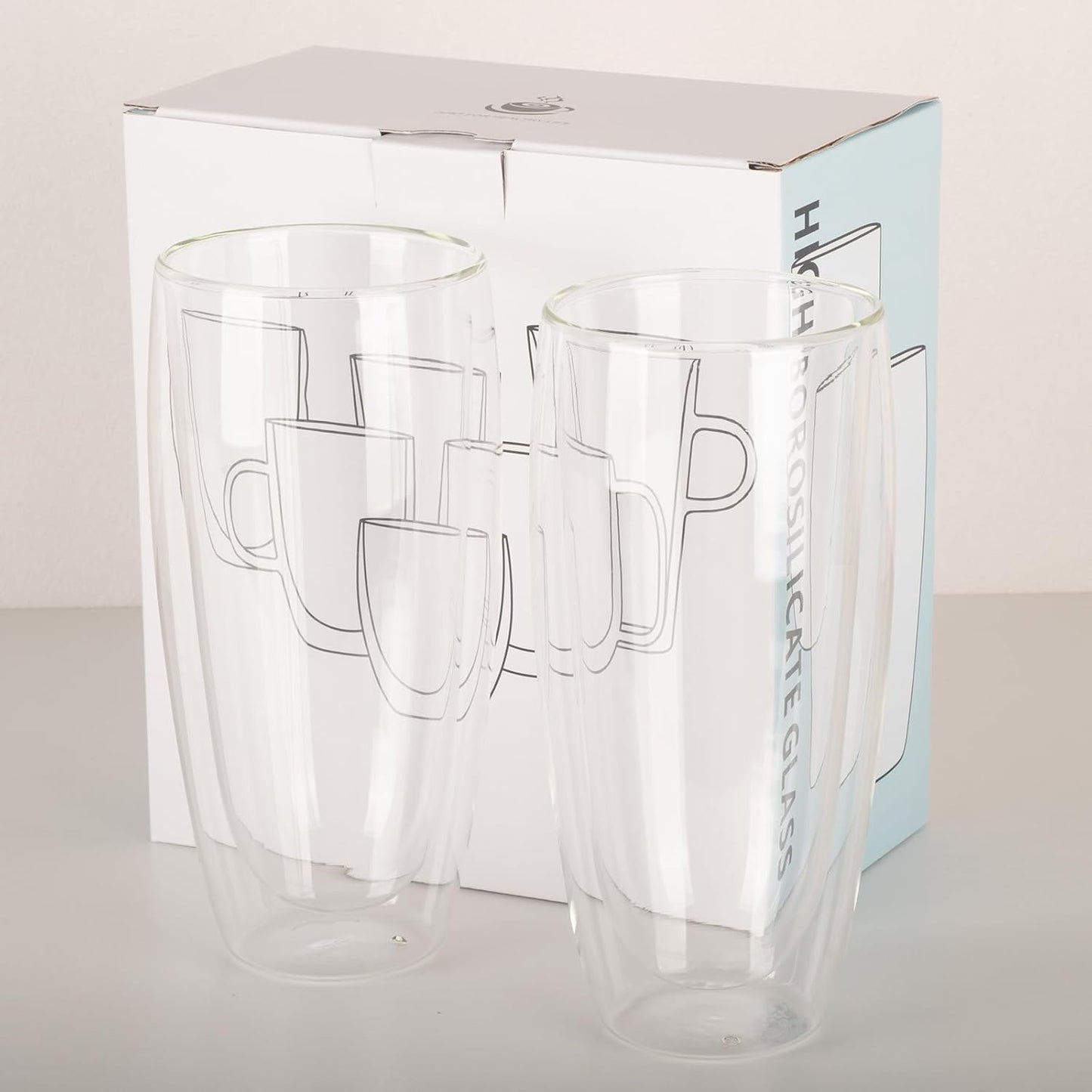 18.5oz Glass Coffee Mugs Set of 2, Double Walled Espresso Cups for Latte Cappuccino Cocoa Milk Cafe Juice, Clear Glass Tea Cup Set Glassware Gift for Christmas Birthday (18.5oz-2Pack)