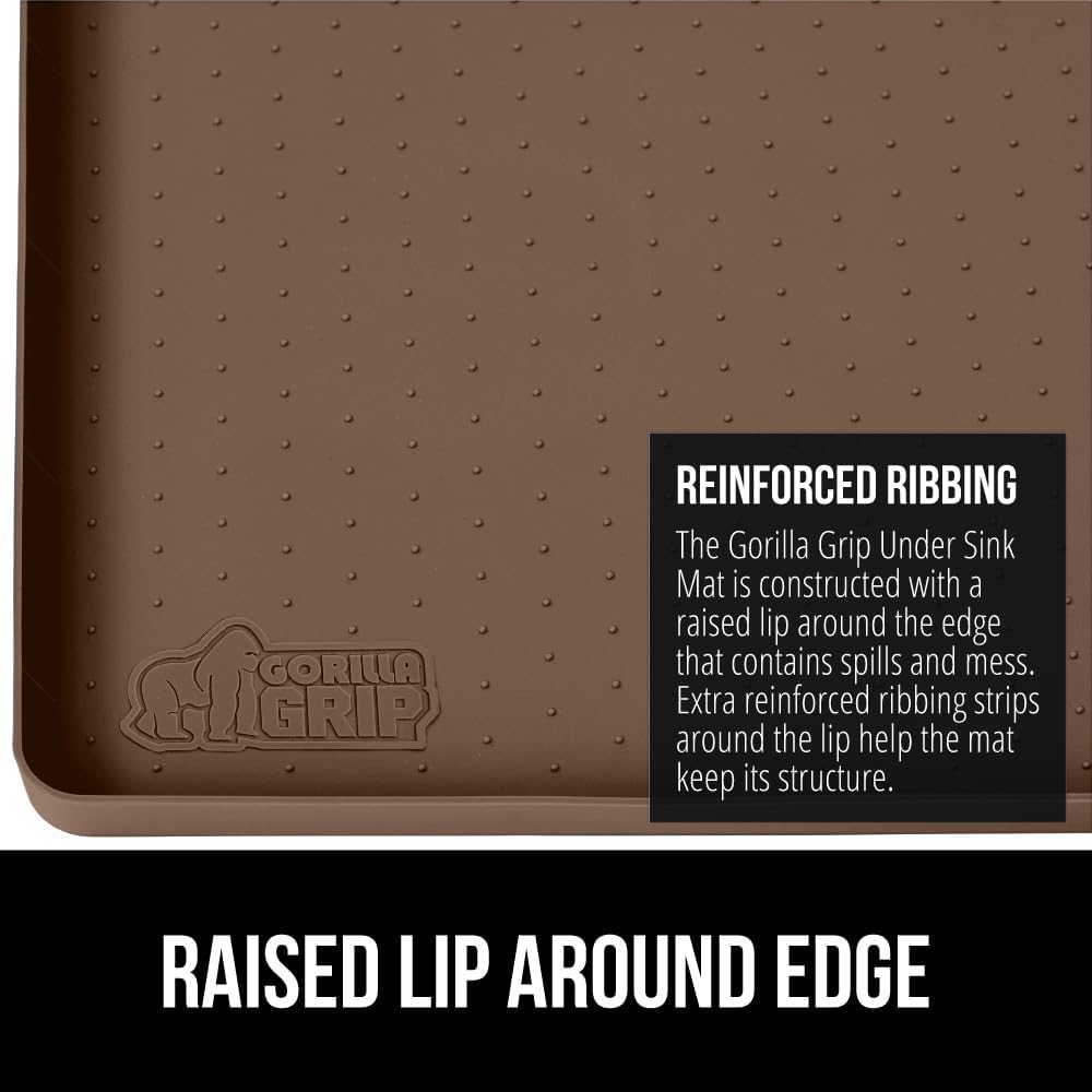 GORILLA GRIP Waterproof Silicone Under Sink Mat with Raised Lip for Kitchen and Bathroom, Cabinet Shelf Liner Stay in Place Mats Dishwasher Safe Drawer Liner, Organizer Tray, 15 x 22 in, Coffee