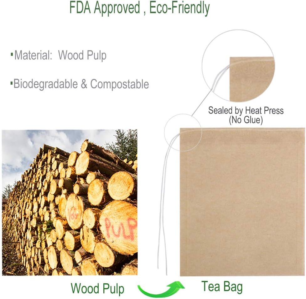 Eco-Fil Disposable Tea Filter Bags for Loose Tea, Wood Pulp Material, Biodegradable and Compostable, Unbleached Empty Tea Infuser Sachets with Drawstring, 100 Pack (3.2inch x 4.0inch)
