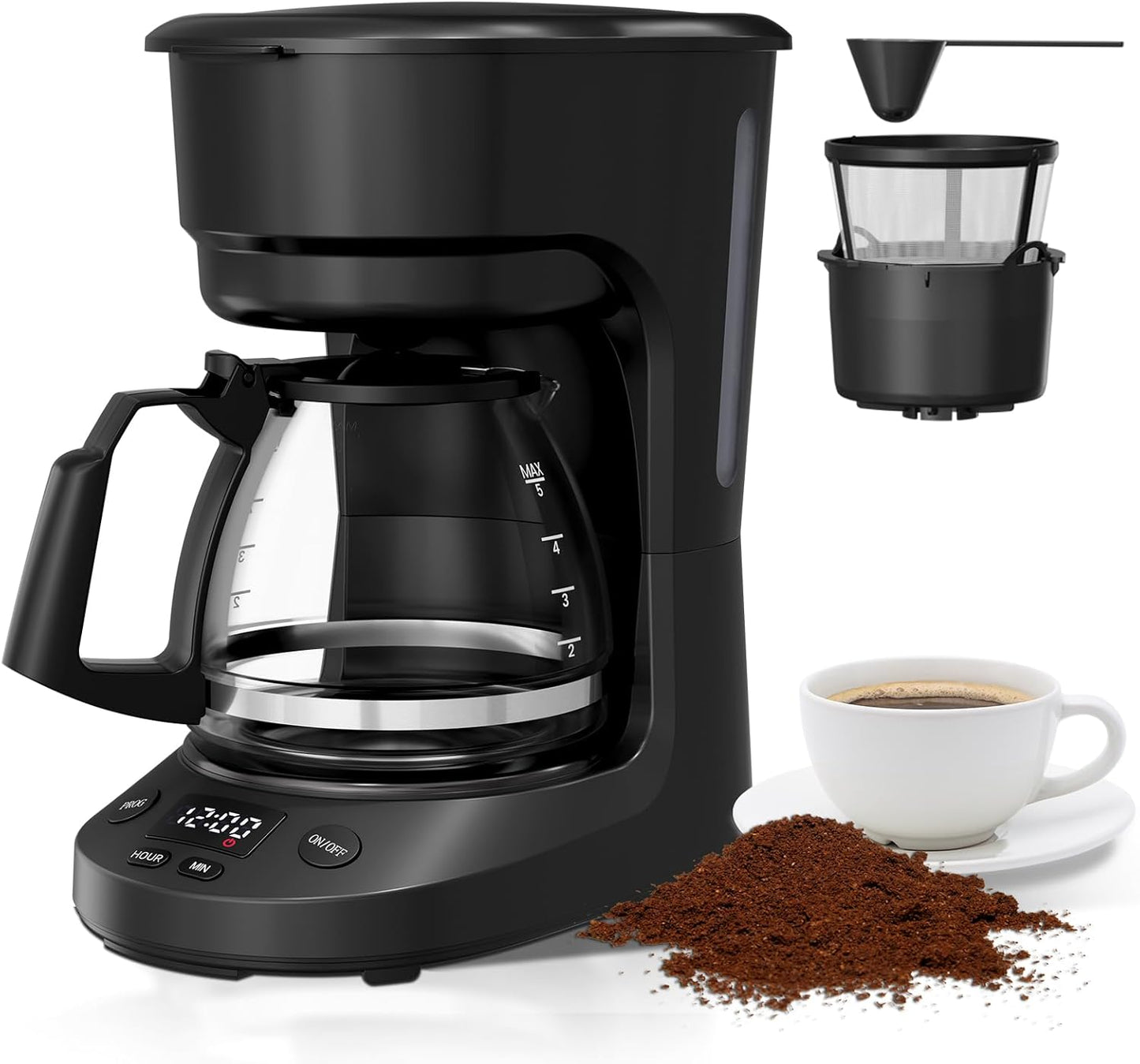 5-Cup Drip Coffee Maker with 24h Programmable Timer, Compact Coffee Machine with Food-grade Glass Carafe, 2h Keep Warm with Auto Shut-off, Delay Brew, 25oz Water Tank, Ideal for Home/Office