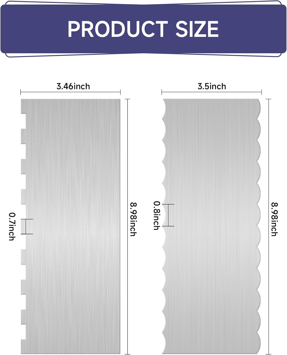 9 Inch Metal Cake Scraper Set of 2, Stainless Steel Cake Scraper Smoother Double Sided Patterned Edge for Icing Smoother,Tall Cake Scraper, Cake Combs for Buttercream