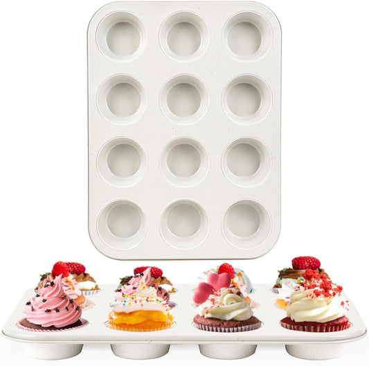 2-Pack Healthy Baking Cupcake Pan| Non Stick 12-Cup Muffin Pan | Durable & Easy Clean Muffin Tin | Perfect for Cupcakes, Muffins (Beige)