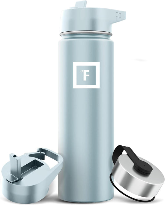 IRON °FLASK Camping & Hiking Hydration Flask with 3 Lids - Stainless Steel, Double Walled & Vacuum Insulated Water Bottle - Leak Proof & BPA Free (Morning Mist, Straw - 22 oz)