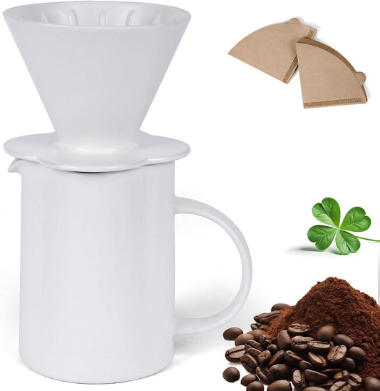 AZYM Pour Over Coffee Maker Set,V60 Coffee Dripper with 20 Count Paper Coffee Filters,Four-Leaf Clover-Shaped Drip Coffee Maker,Vintage Ceramic Carafe,for Home Brewing,Camping,17.5 oz (White)