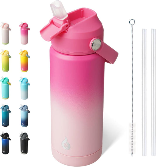 BJPKPK Insulated Water Bottle with Straw Lid, 18oz Thermos Water Bottles with Soft Nozzle, Flex Handle & Non-slip Boot, BPA Free Leak Proof Stainless Steel Metal Thermos, Tumblers, Cups,Cherry