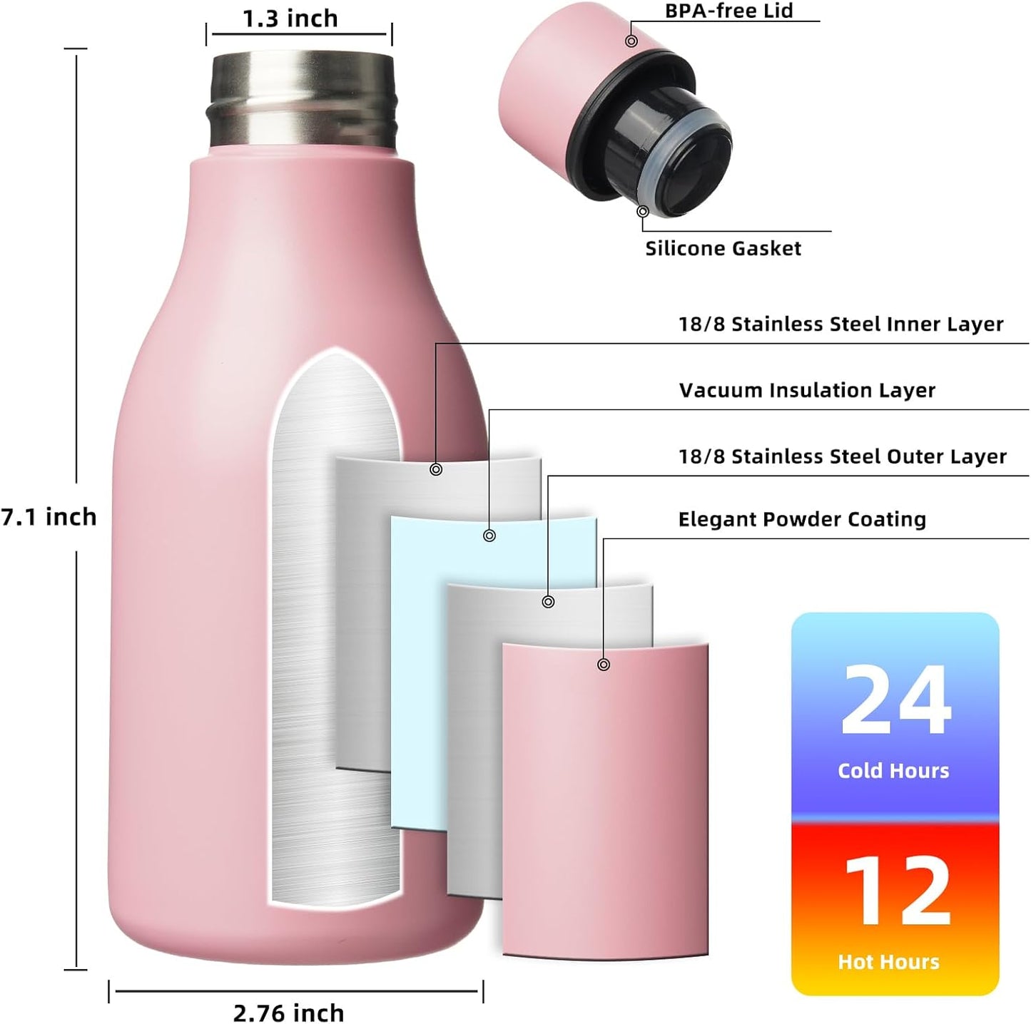 BJPKPK Insulated Water Bottles, 12oz Stainless Steel Metal Water Bottle with Strap, BPA Free Leak Proof Thermos, Mugs, Flasks, Reusable Water Bottle for Sports & Travel, Light Pink