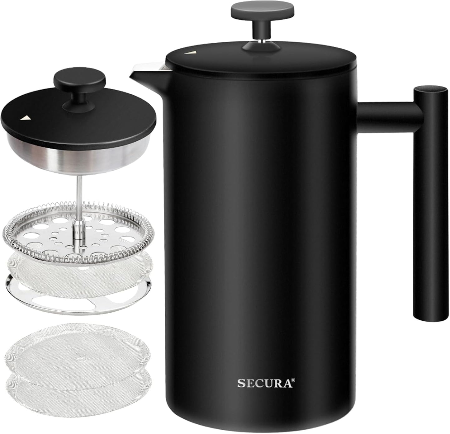 Secura French Press Coffee Maker with 3-Layer Stainless Steel Filter, 34 oz Black, Double-Walled Insulated Design with 2 Extra Filters