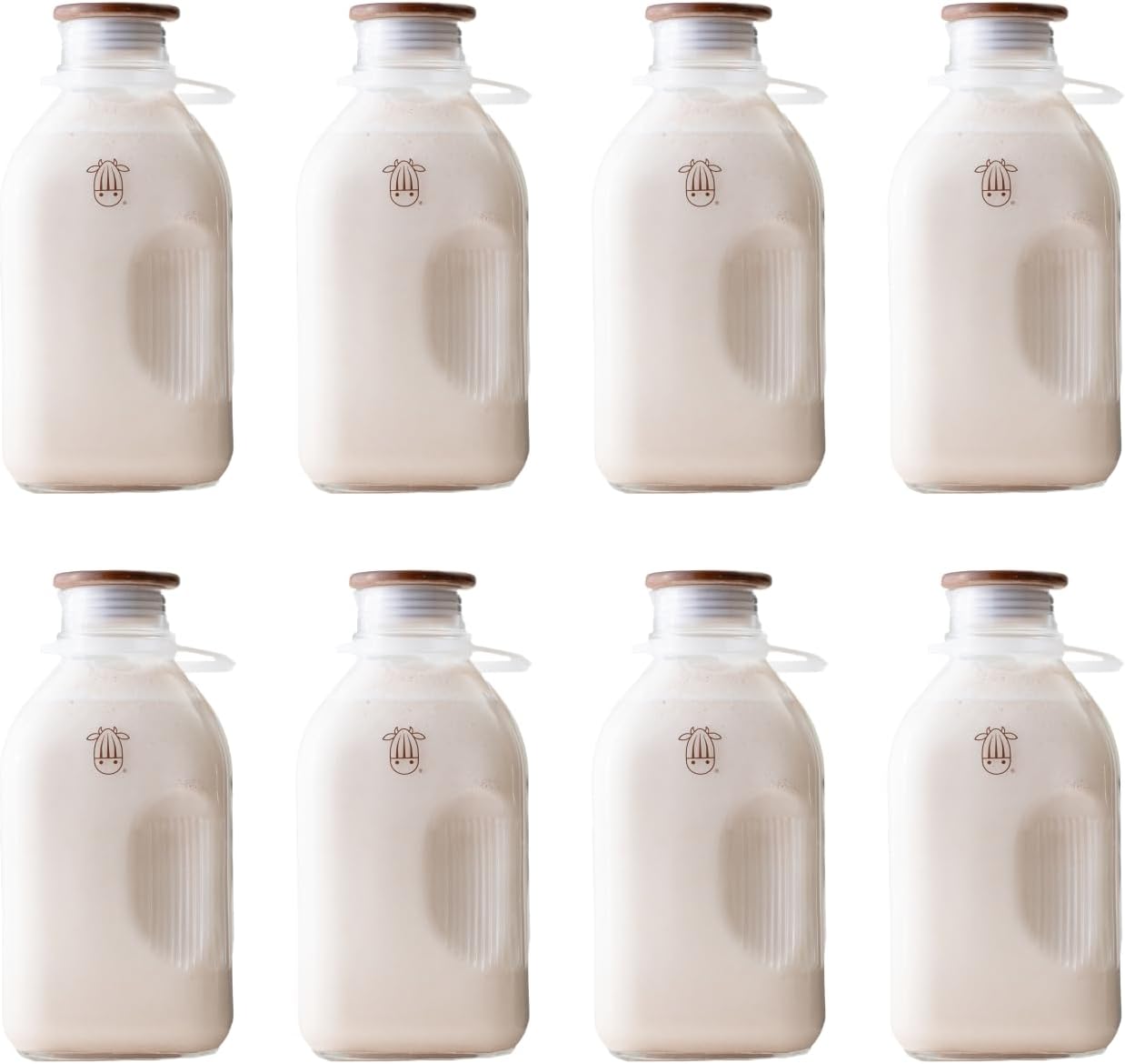 Almond Cow - Glass Pitcher with Lid and Spout, Bottle for Refrigerator, Clear Milk Jug, Food-Grade Glass Liquid Container, 60 fl oz Capacity (Pack of 8), 5 x 4 x 10 Inches