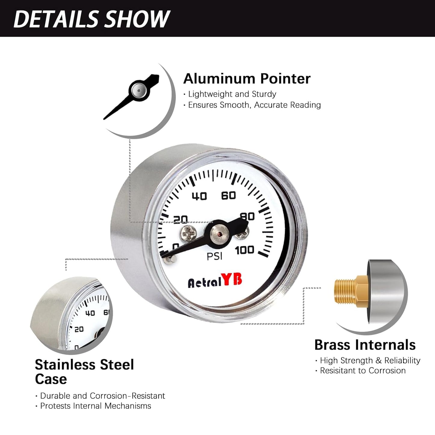 1 Inch mini Pressure Gauge, 0-100 Psi Air Gauge, Stainless Steel Case, 1/8" NPT Back Mount, Psi Coffee Machine Pressure Gauge for Water Pumps, Air Compressors