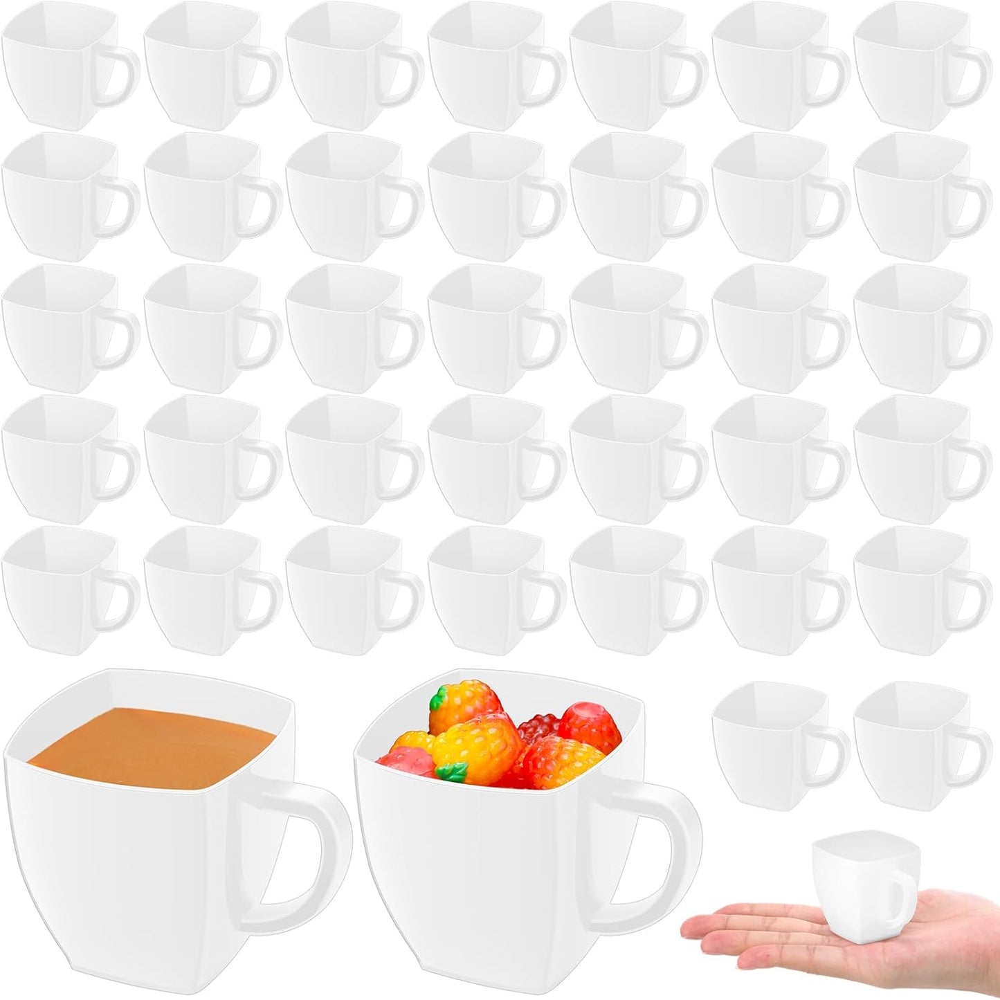 Amyhill 100 Pcs Disposable Tea Cups Mini Plastic Tea Cup Bulk with Handle Hard Plastic Coffee Mug Disposable Square Espresso Mug for Party Catering (White)