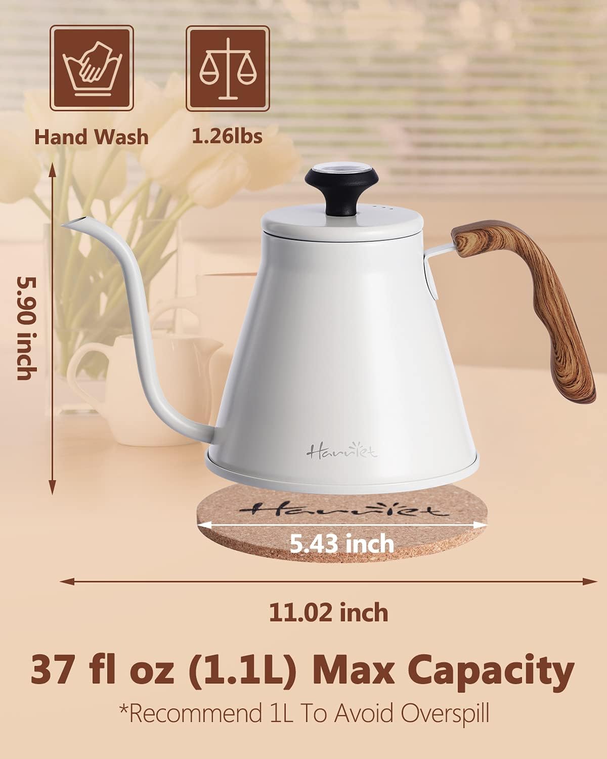 Harriet Gooseneck Kettle with Thermometer for Pour Over Coffee and Tea, 37 fl oz, Stainless Steel, Durable 3-Layer Base, Ideal Spout for Precision Pouring, Compatible with all Stove Tops, White