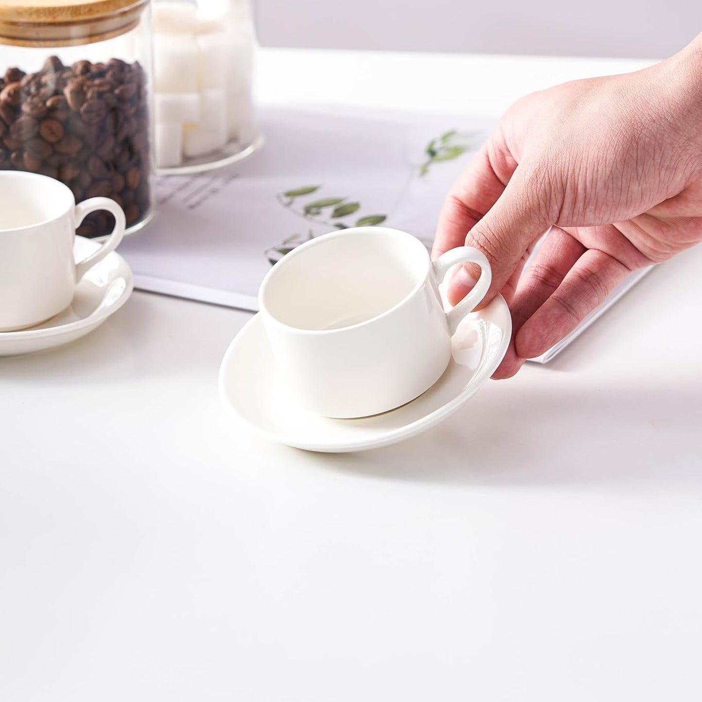 4oz Porcelain Stackable Espresso Cups with Saucers and Metal Stand Set of 4, Stackable Cappuccino Cups, White Expresso Shots Cup Set for Coffee Drinks, Latte, Americano, Tea