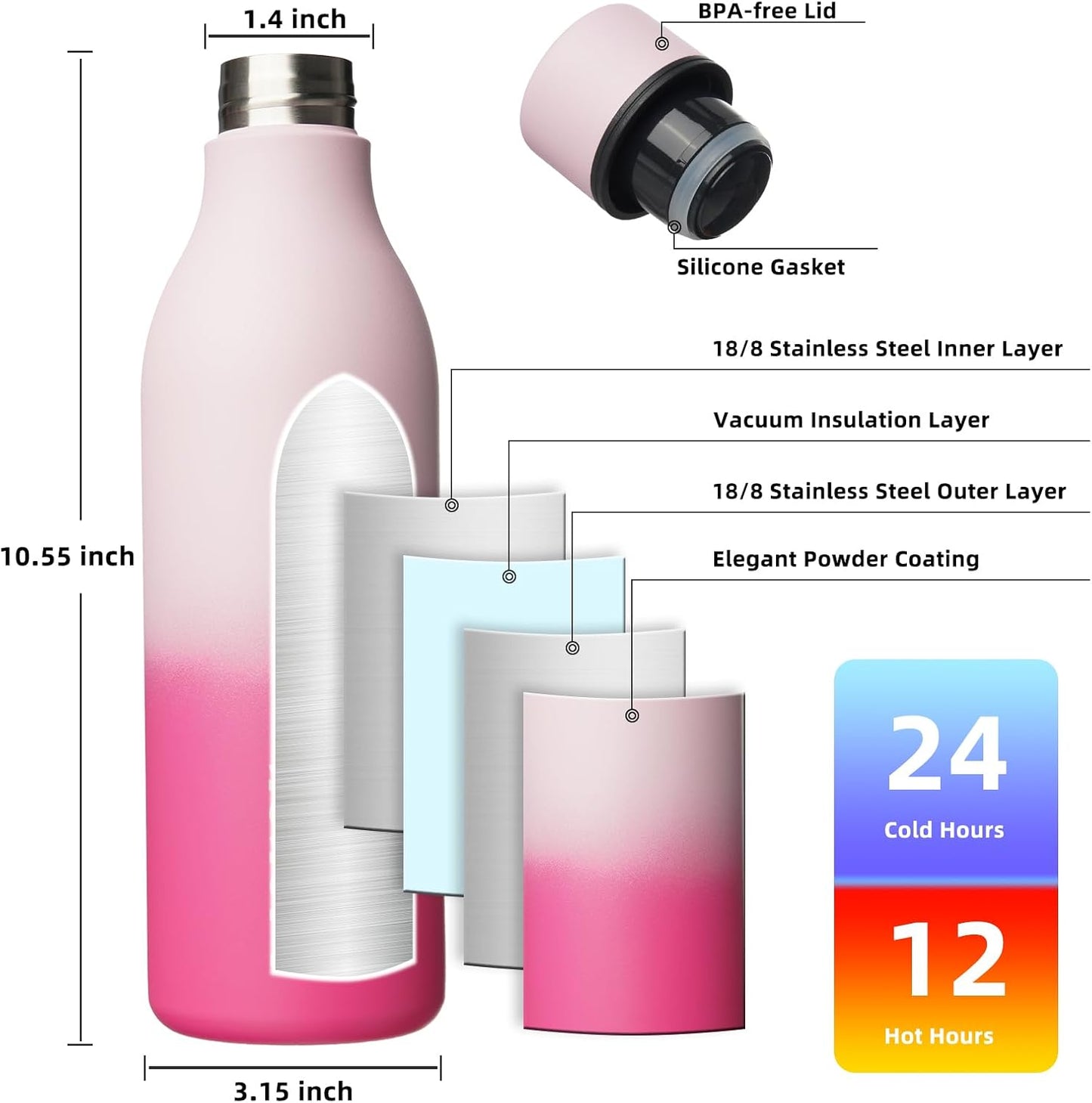 BJPKPK Insulated Water Bottles, 25 oz Stainless Steel Metal Water Bottle with Strap, BPA Free Leak Proof Thermos, Mugs, Flasks, Reusable Water Bottle for Sports & Travel, Cherry