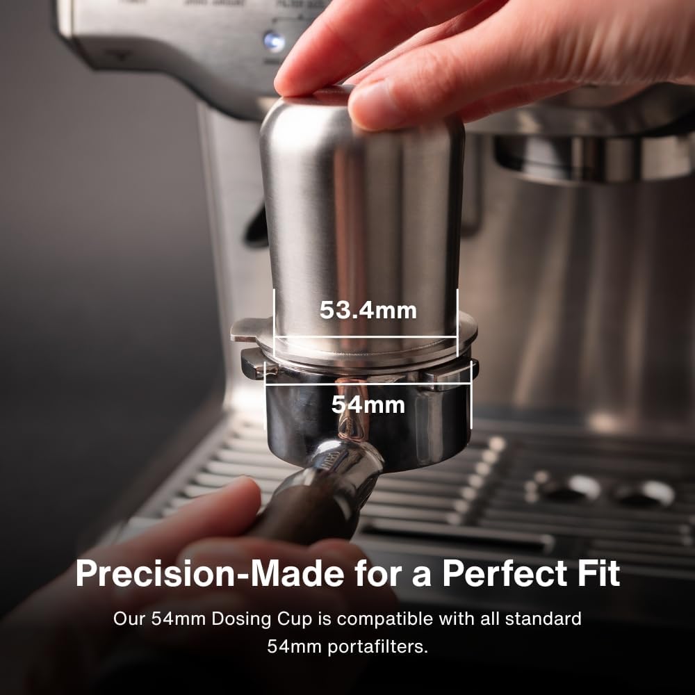 Crema Coffee Products | 54mm Dosing Cup | Brushed Silver | 100% Stainless Steel | Espresso Coffee Dosing Cup | Fits 54mm Breville Portafilters