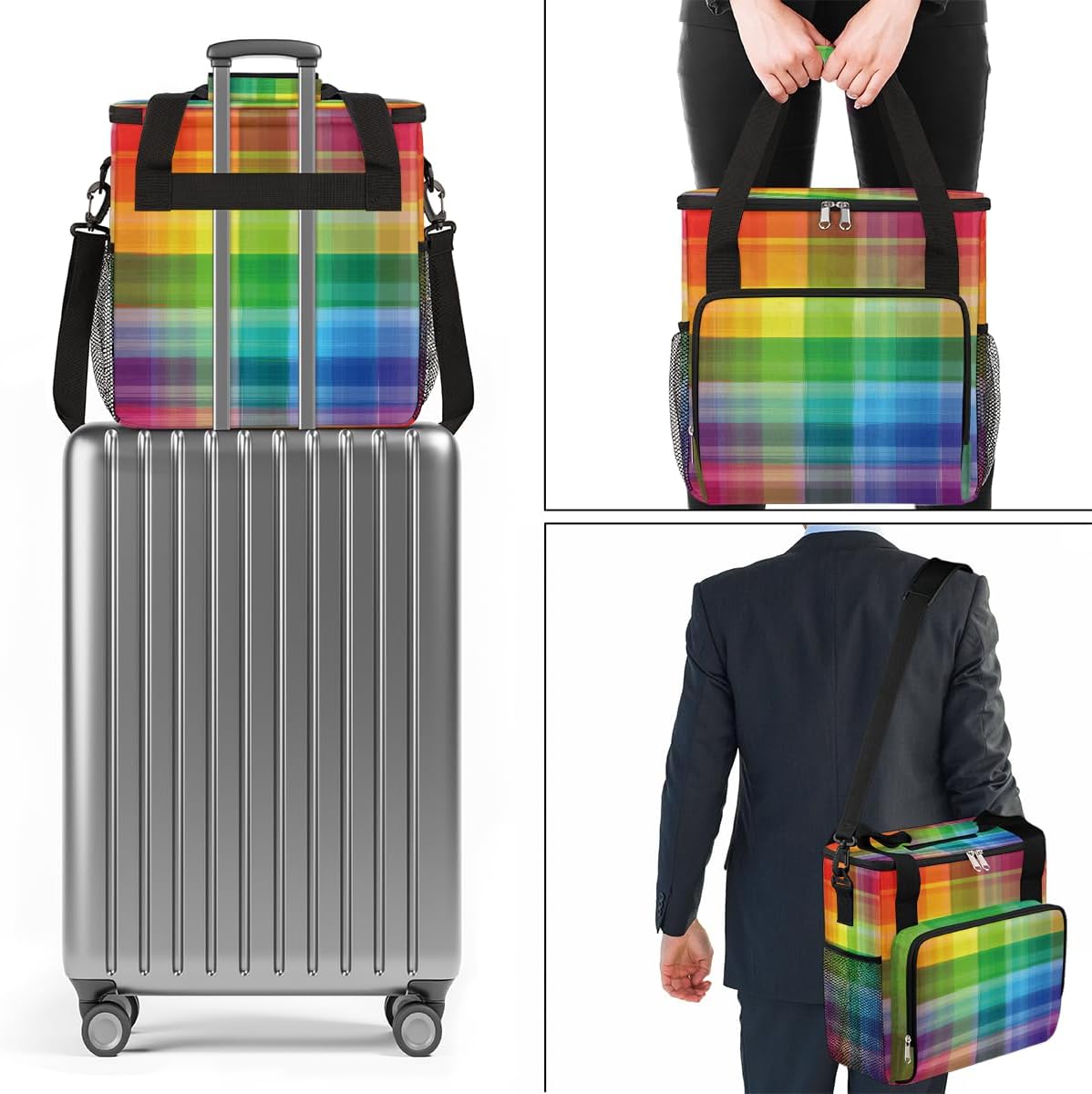 Colorful Rainbow Plaid Coffee Maker Carrying Bag, Coffee Machine Travel Storage Tote Bag Compatible with K-Mini or K-Mini Plus, Portable Single Serve Coffee Brewer Case with Pockets, for K-Cup Pods