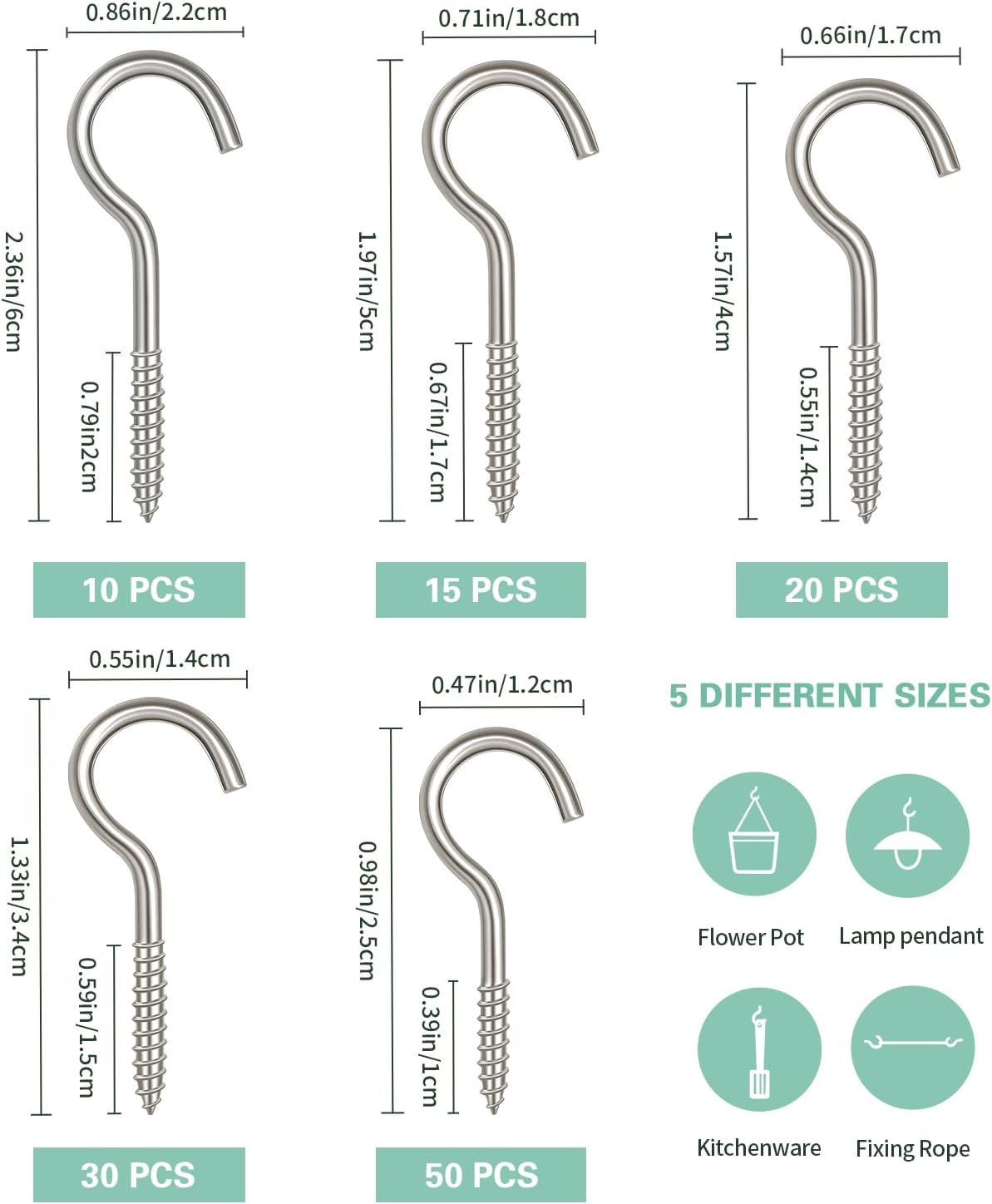 125 Pcs Screw Hooks in 5 Sizes – Cup Hooks for Hanging Plants, Mugs, Lights, and Ceiling Storage (Silver)