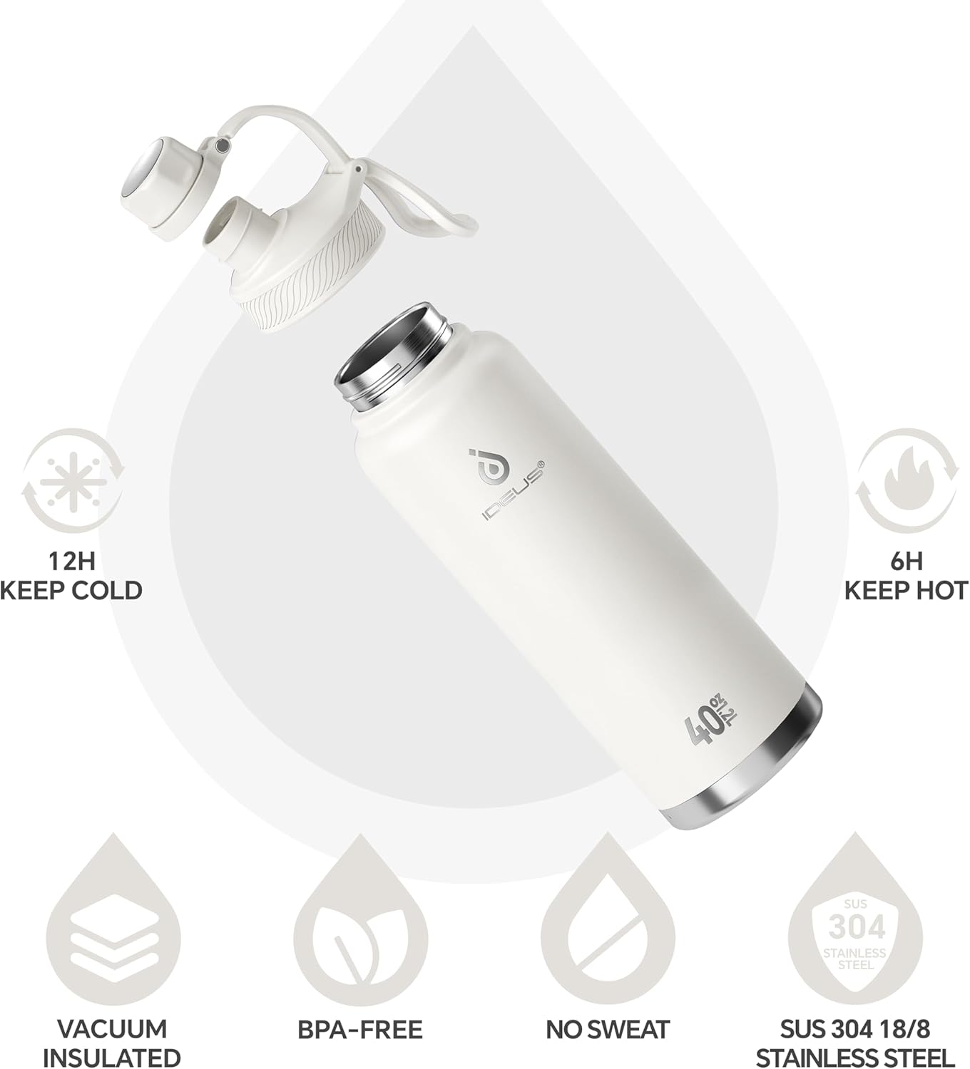 IDEUS Insulated Stainless Steel Water Bottle with 2 Leak-Proof Lids, Thermal Water Flask for Hiking Biking, 40oz, White