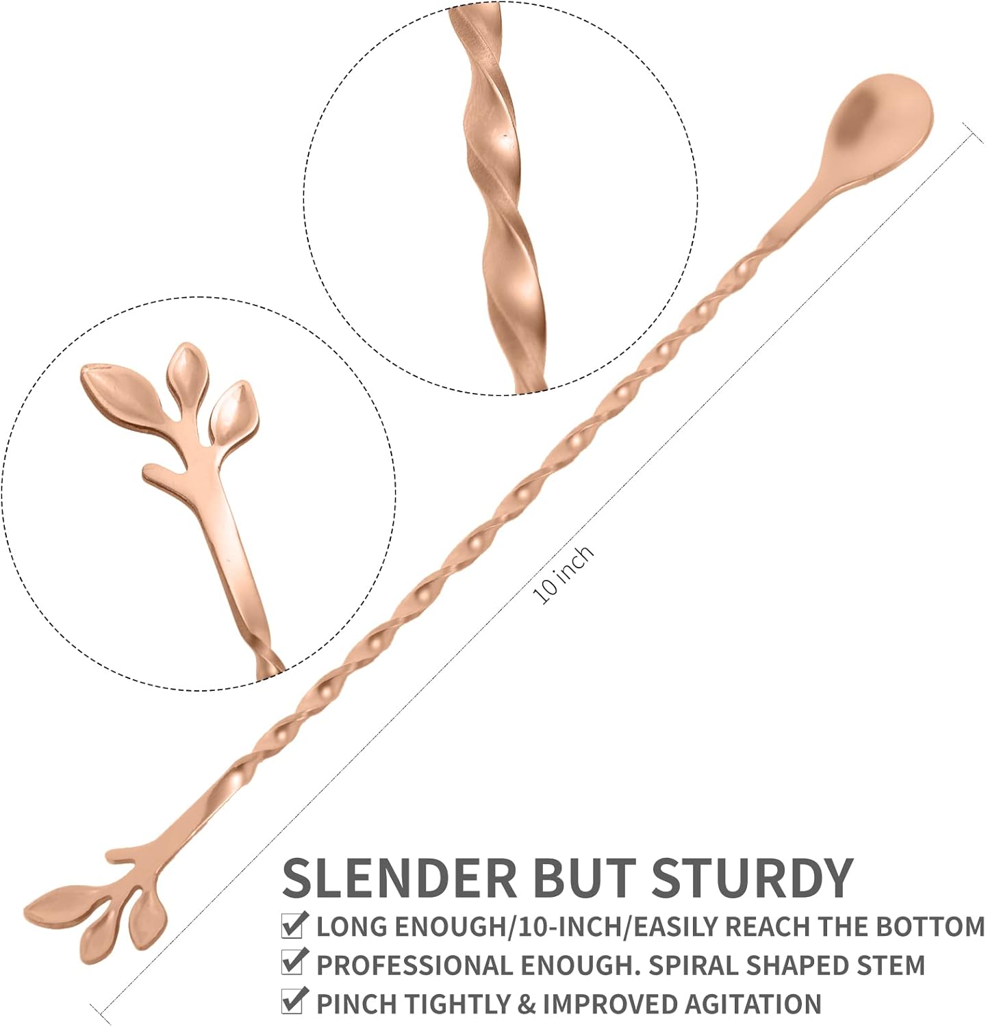 AnSaw Rose Gold 10-Inch Stainless Steel Cocktail Spoon with Leaf Handle - Perfect for Mixing & Layering Drinks in Tall Cups, Bar & Shakers - Durable Long Handle Bar Stirrer,2-Pieces