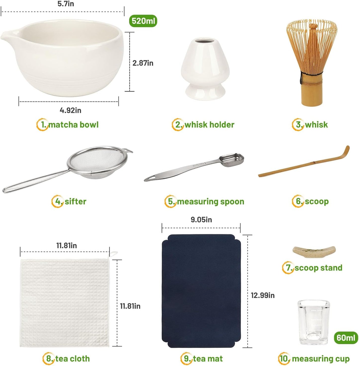 Matcha Tea Kit 10-Pcs Set, Whisk and Bowl with Spout & Measuring Spoon, Japanese Tea Making Tools, White