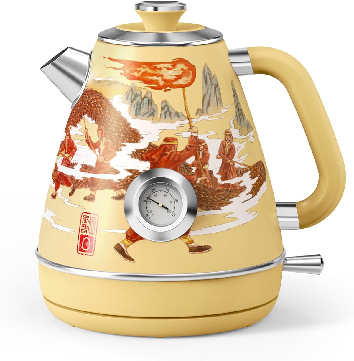 Hazel Quinn Retro Electric Kettle - 1.7 Liters / 57.5 Ounces Tea Kettle with Thermometer, All Stainless Steel, 1200 Watts Fast Boiling, BPA-free, Cordless, Automatic Shut Off - Dragon Dance