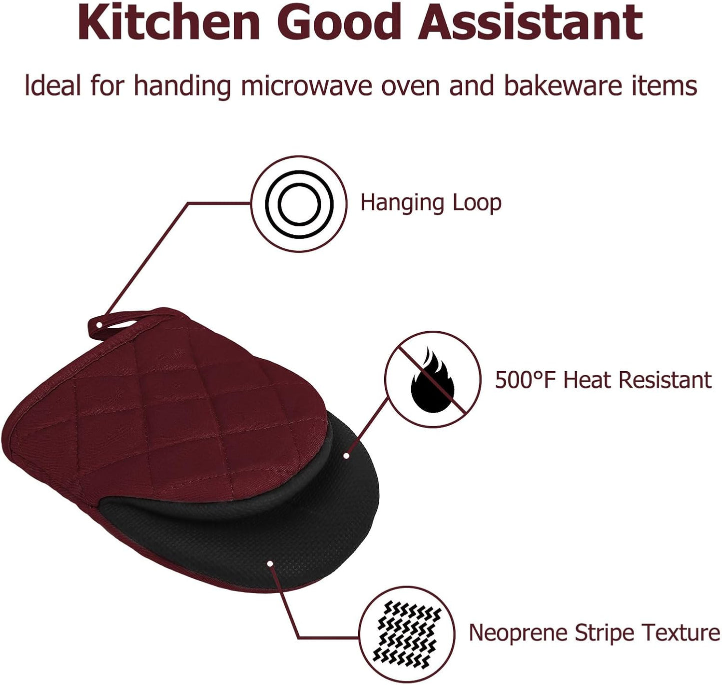1 Pair Short Oven Mitts, Heat Resistant Silicone Kitchen Mini Oven Mitts for 500 Degrees, Non-Slip Grip Surfaces and Hanging Loop Gloves, Baking Grilling Barbecue Microwave Machine Washable