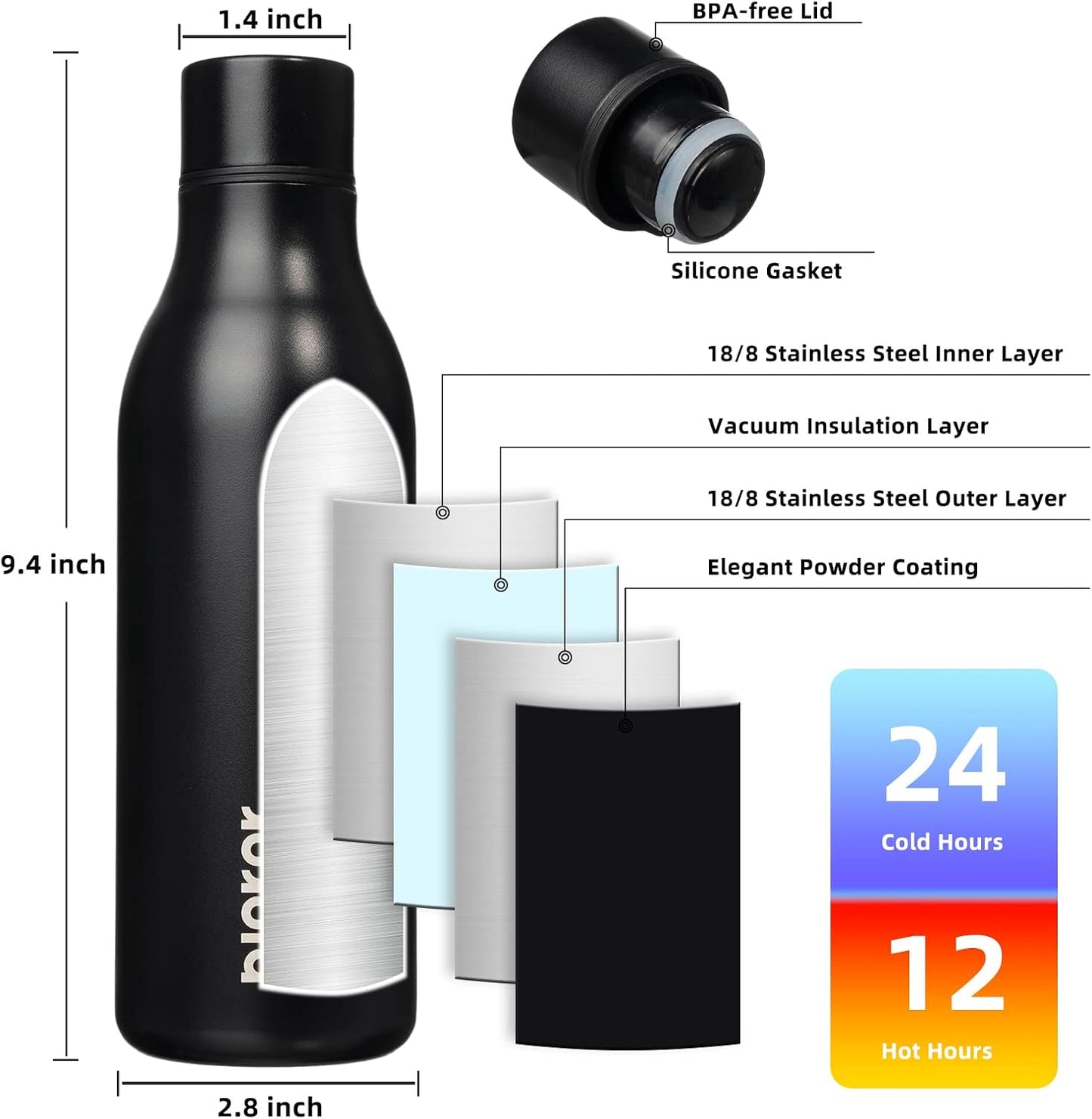 BJPKPK Insulated Water Bottles, 18 oz Stainless Steel Metal Water Bottle with Strap, BPA Free Leak Proof Thermos, Mugs, Flasks, Reusable Water Bottle for Sports & Travel, Black