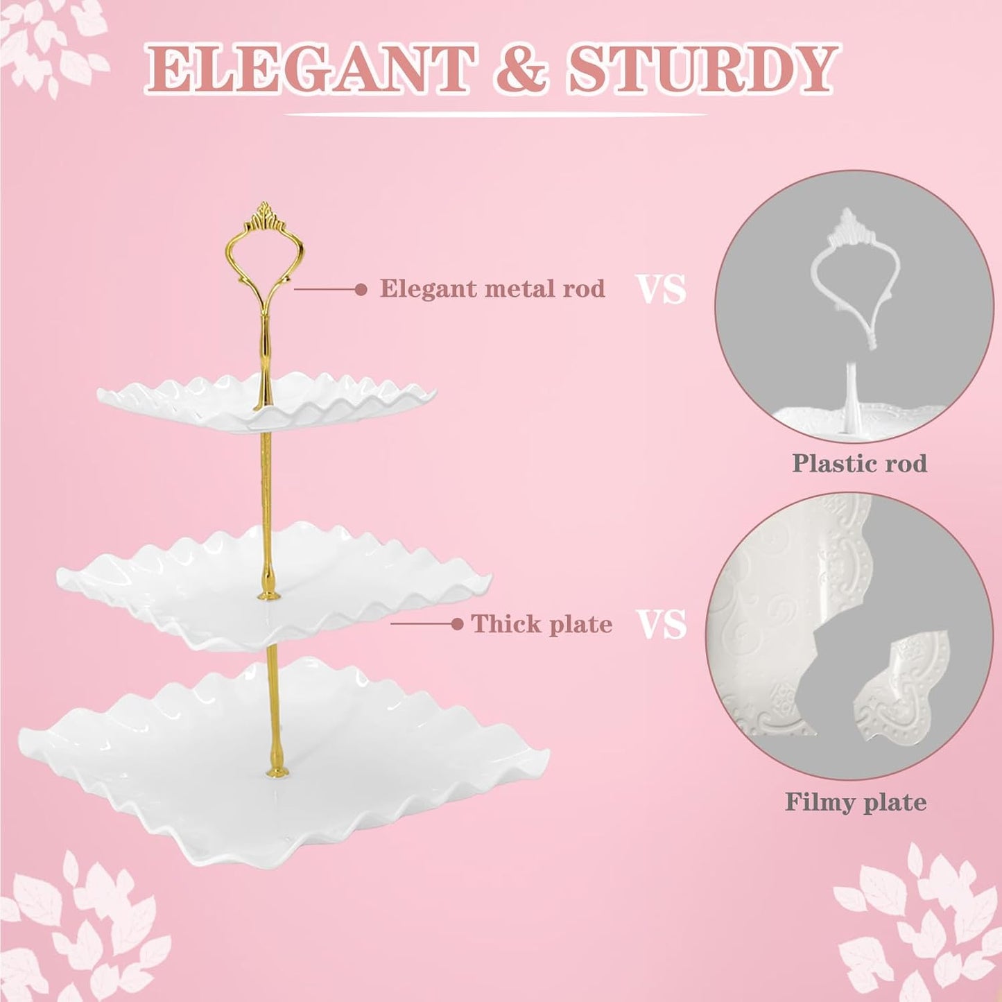 5 Pcs Dessert Table Display Set, White Plastic 2 Pcs Square 3 Tier Cupcake Stand Cup Cake Tower Stand with Metal Rod & 3 Pcs Serving Tray for Baby Shower, Tea Party, Wedding, Birthday Party