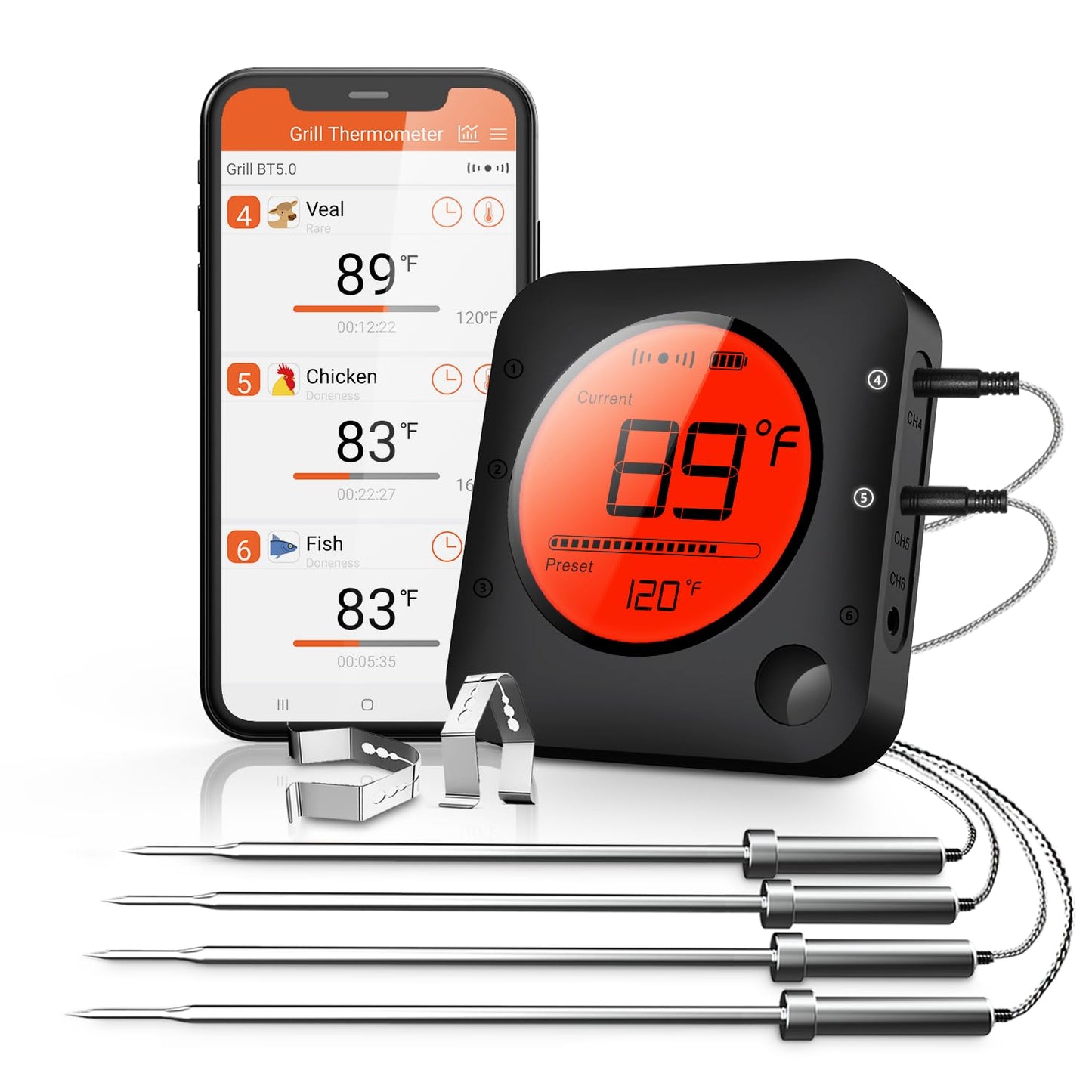 BFOUR Wireless Grill Thermometer, Bluetooth Meat Thermometer, Digital BBQ Meat Thermometer for Grilling Smoker Oven, Smart APP Alarm Monitor Instant Read with 4 Stainless Steel Probes