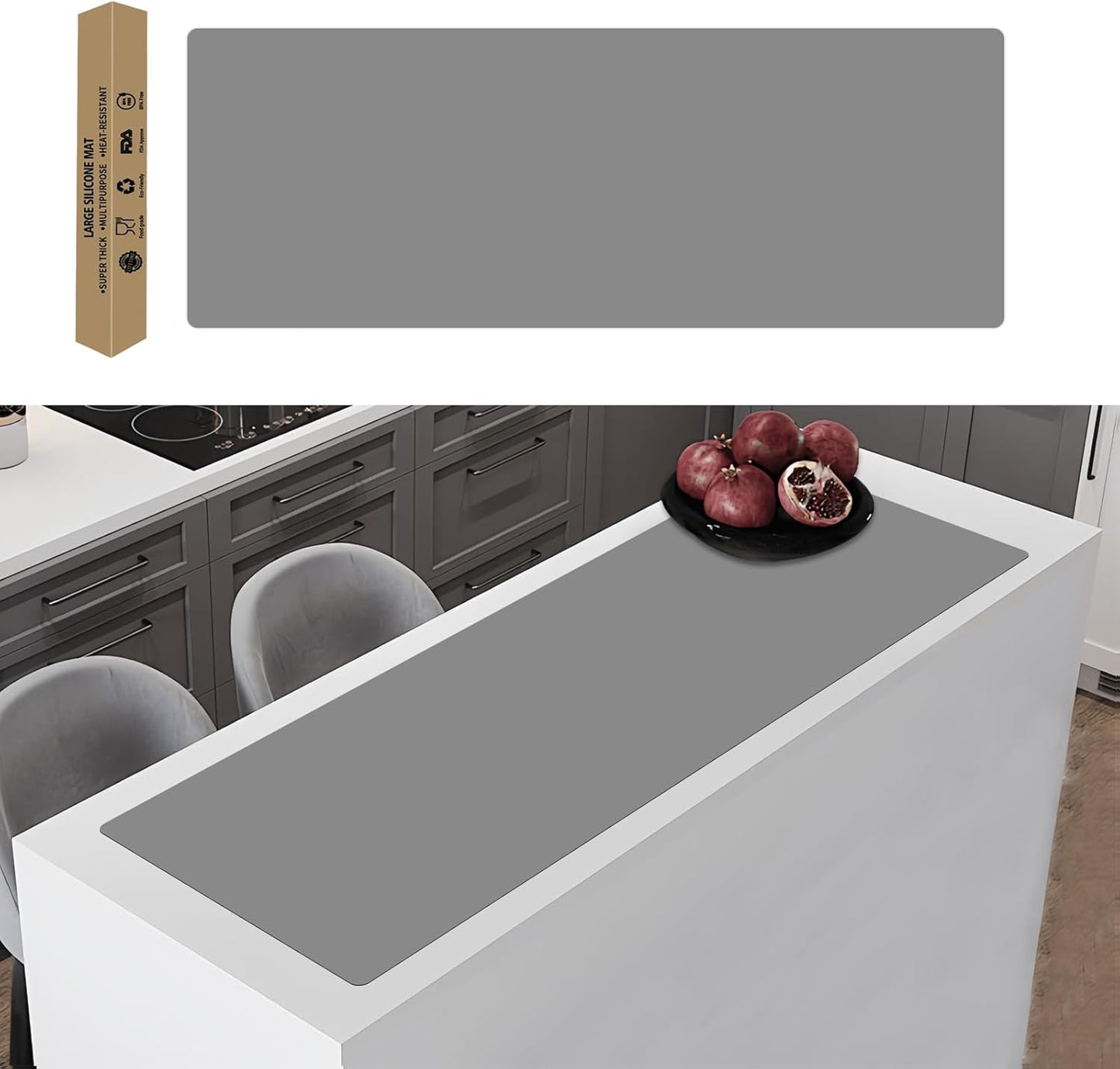 49.2"x15.7"(125cmx40cm) Large Silicone Mats for Kitchen Counter, Non-Slip Placemats, Heat Resistant Countertop Protector, Waterproof Craft Mat, Light Gray