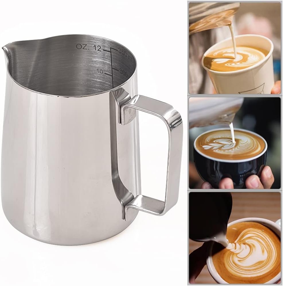homEdge Espresso Steaming Pitchers 12 OZ / 350ml, Stainless Steel Frothing Pitcher with Measurement Scale