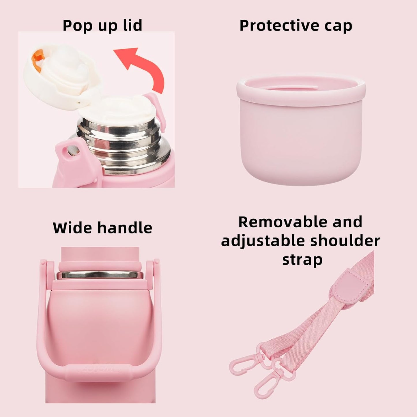 BJPKPK Insulated Water Bottle 27oz Stainless Steel Water Bottles with Handle and Cup Lid Travel Metal Thermos,Light Pink