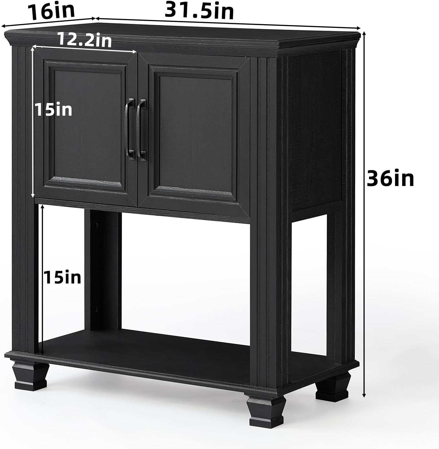 Farmhouse Coffee Bar Station with 2-Door Cabinet, Small Kitchen Cabinet with Open Lower Shelf, Entryway Table with Storage for Dining Room, Kitchen, Hallway, Living Room, Black