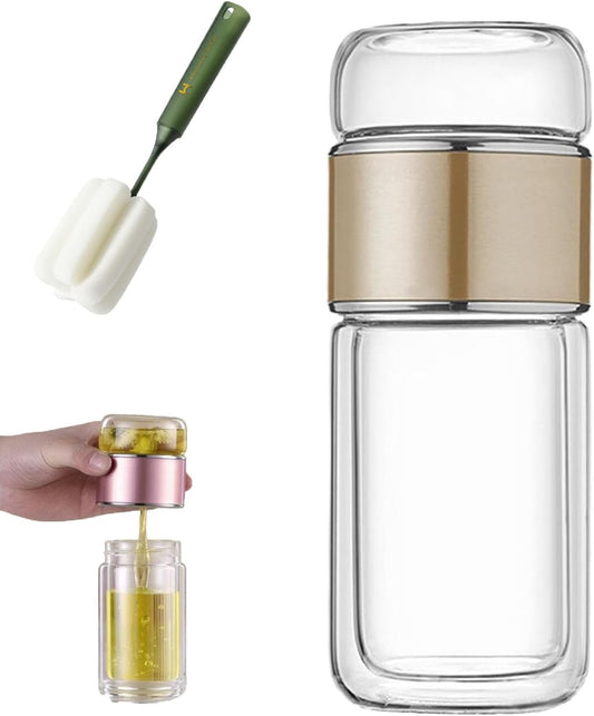 QUROXO 2025 New Tryteava Glass Infuser, Teava 3-In-1 Smart Tea Infuser with Cup Brush, Double-Layer Borosilicate Glass Tryteava Tea infusers Separation Cup (Gold, 280ml (9.5oz))