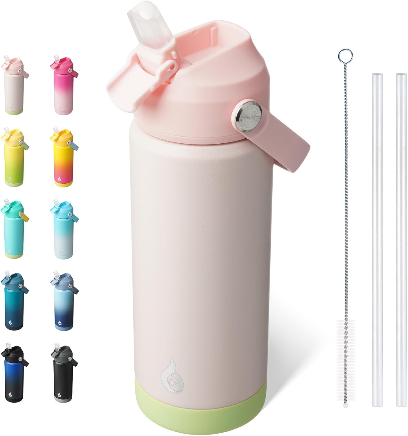 BJPKPK Insulated Water Bottle with Straw Lid, 18oz Thermos Water Bottles, Flex Handle & Non-slip Boot, BPA Free Leak Proof Stainless Steel Metal Thermos, Tumblers, Cups,Pearl Pink