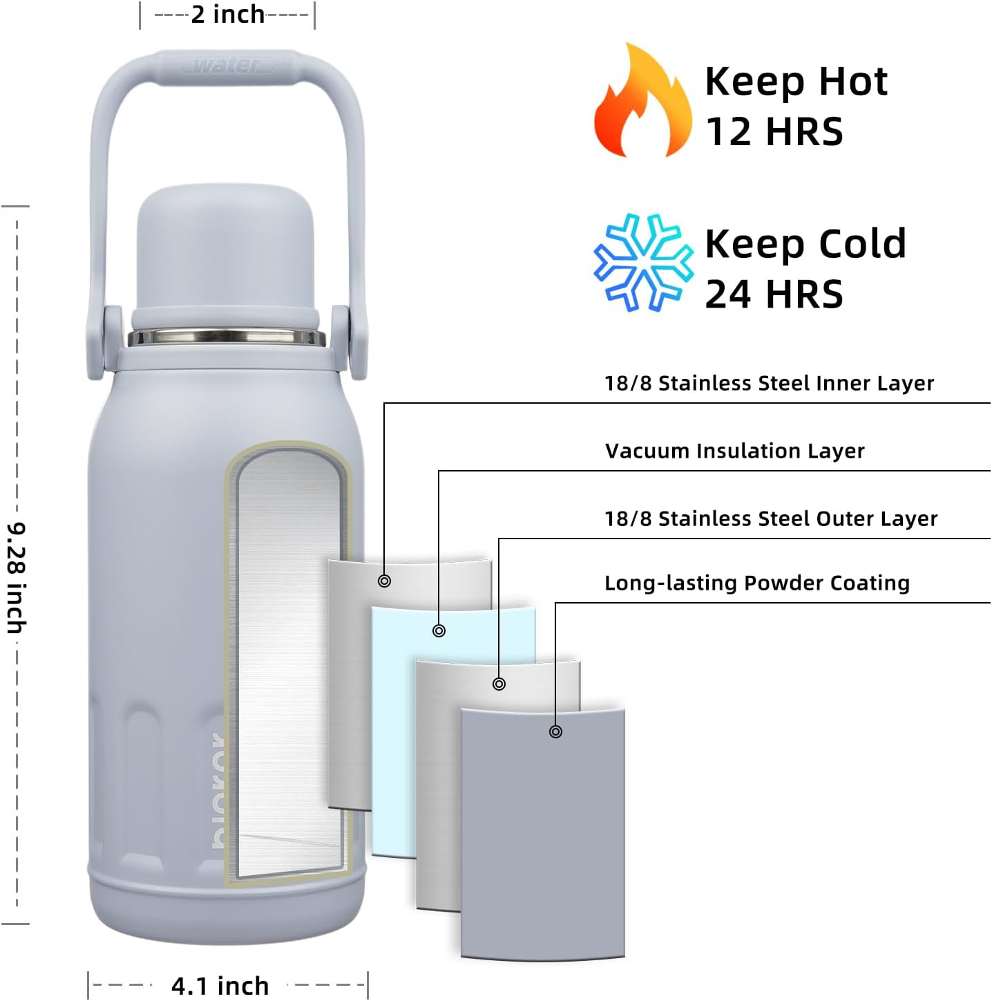 BJPKPK Vacuum Insulated Thermos Water Bottle with Handle and Lid 40oz Stainless Steel Water Bottles for Cold and Hot Beverages,Blue Haze