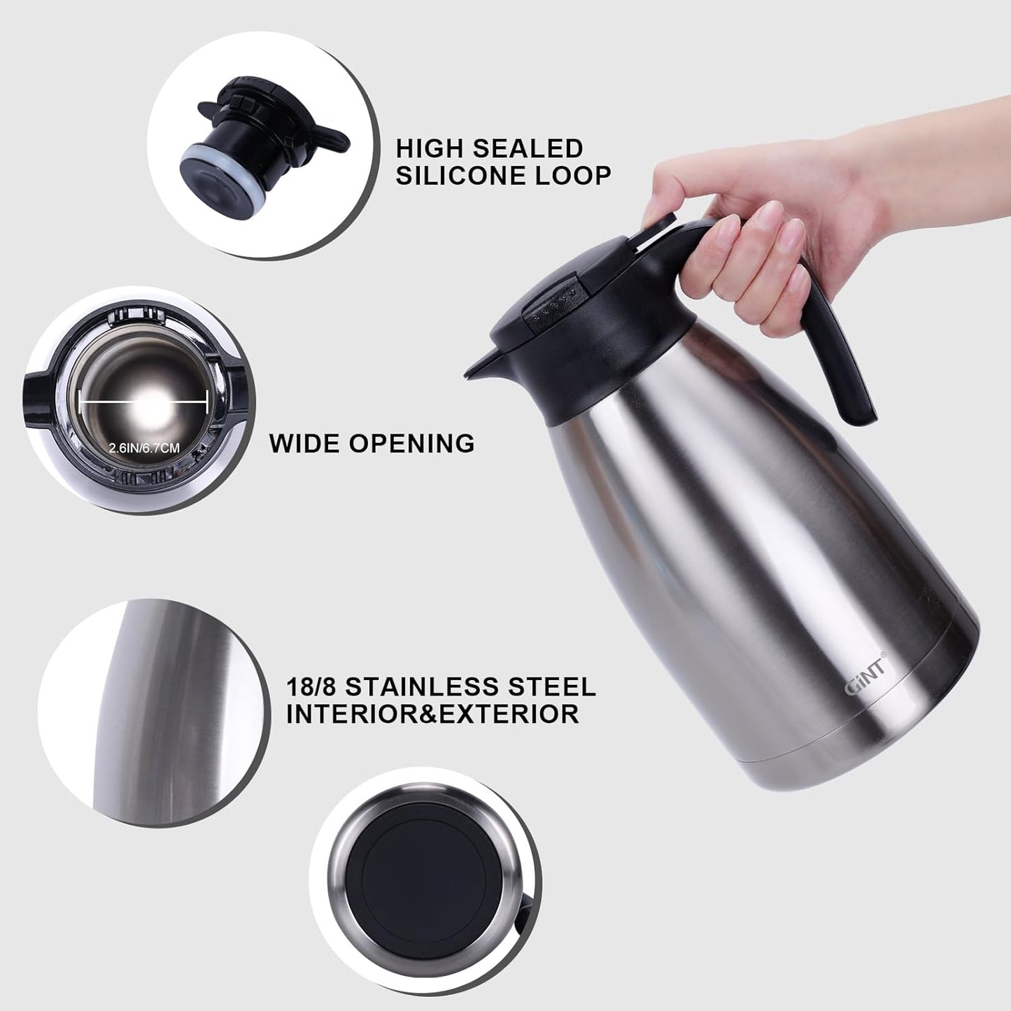 GiNT 74Oz Thermal Coffee Carafe, Insulated Stainless Steel Coffee Carafes for Keeping Hot/Double Walled Vacuum Thermal Carafe (Silver, 2.2L)