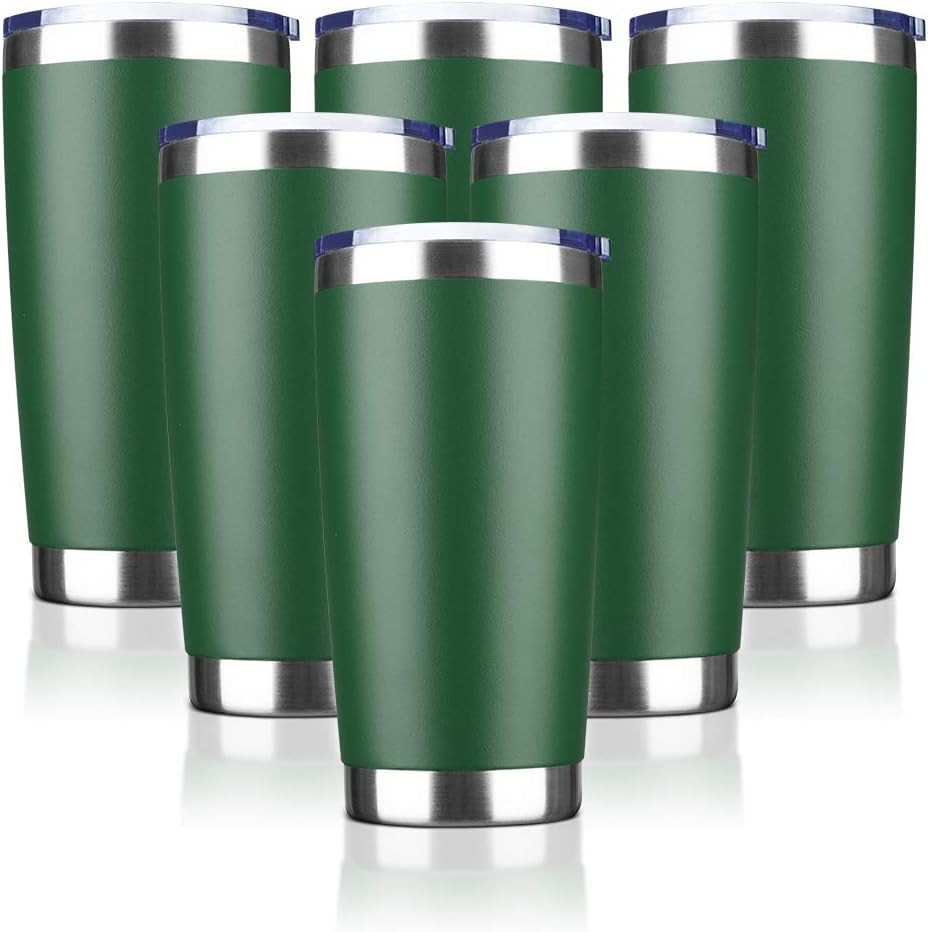 20oz Tumbler Bulk Stainless Steel Vacuum Insulated Tumblers with Lid Double Wall Travel Mug, Powder Coated Coffee Cup, Suitable for Ice Drinks and Hot Beverage (Dark green 6pack)