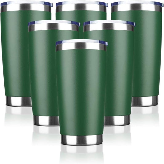 20oz Tumbler Bulk Stainless Steel Vacuum Insulated Tumblers with Lid Double Wall Travel Mug, Powder Coated Coffee Cup, Suitable for Ice Drinks and Hot Beverage (Dark green 6pack)