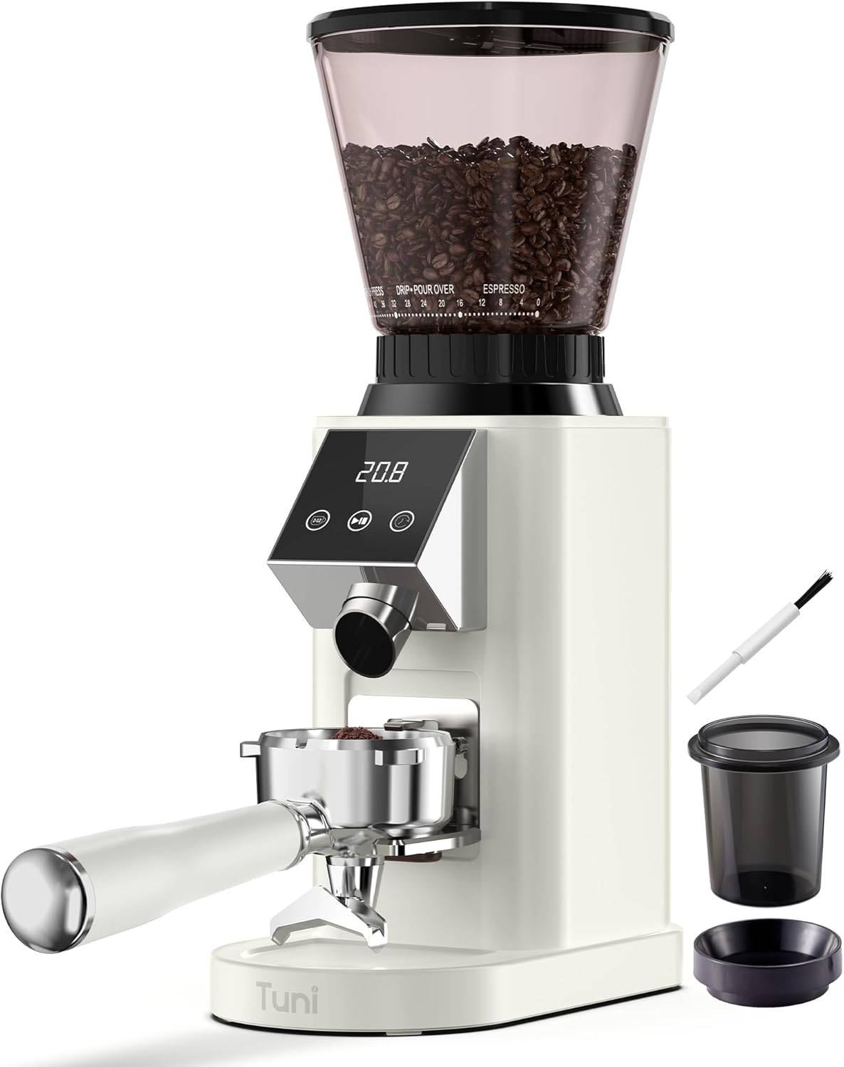 Tuni G1 Conical Burr Coffee Grinder, 48 Grind Settings Anti-static Burr Mill, Precision Electronic Timer and LED Touchscreen for Espresso/Drip/Cold Brew/French Press, Stainless Steel, Ivory