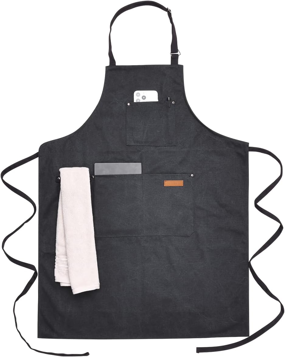 Chef Cooking Aprons for Men Women Thickened Canvas Cotton Apron with 4 Pockets for BBQ Work Kitchen (Black)