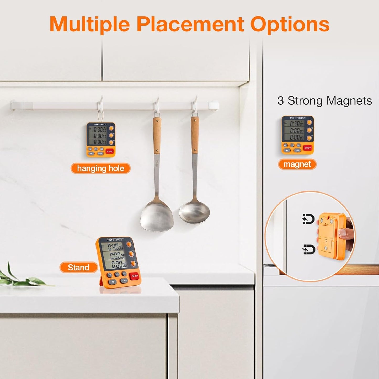 Digital Dual Kitchen Timer, 3 Channels Countdown Triple Timer for Cooking, Magnetic Memory-Preset Large-Display Adjustable Alarm Volume, Multi Times Management, 3A Battery Included, Green