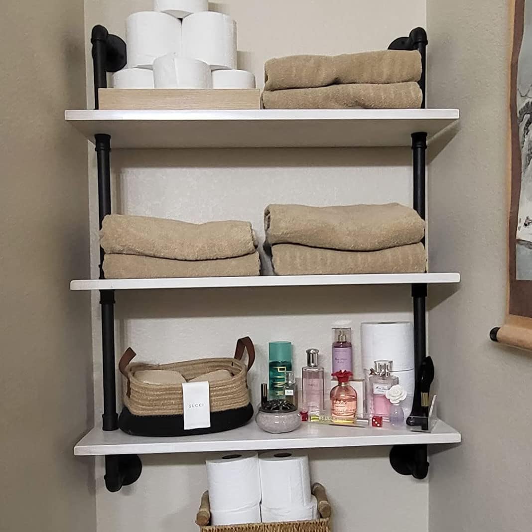 Industrial Pipe Shelving Rustic White Pipe Wall Shelves Bathroom Shelves with Wood Planks Industrial Floating Shelves 30 Inch Farmhouse Bookshelf Pipe Shelves Wall Mounted