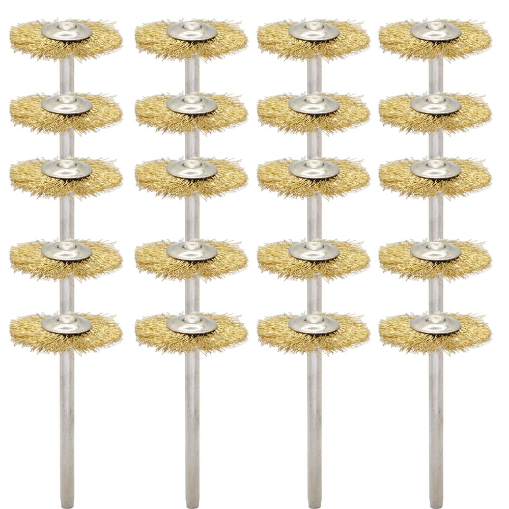 20PCS T-shaped Brass Wire Brushes - Metal Rust Removal, Cleaning, and Polishing - 22mm Diameter, 1/8″ (3mm) Shaft - Removes Burrs and Oxide Layer - Handles Rough Surfaces - Rotary Tool Accessories